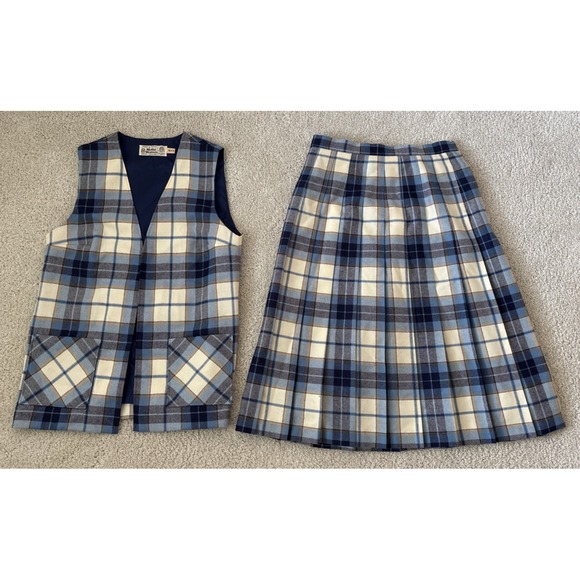 Vintage Moffat Weavers Navy Blue Cream Plaid Scottish Wool Vest Skirt Set Sz S - Picture 1 of 10